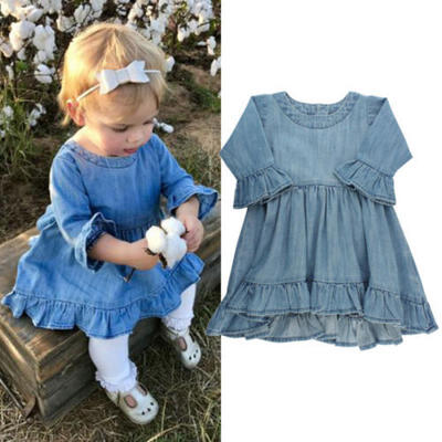 

Kids Baby Girls Denim Jeans One Piece Princess Dress Long Sleeve Skirts Costume