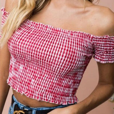 

US Summer Women Casual Off Shoulder Tank Vest Blouse Short Sleeve Crop Top Shirt