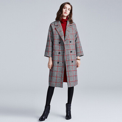Her pool womens 2018 autumn&winter new suit collar double-breasted British plaid long section ladies woolen coat woolen coat female T73H2704A1922L gray bottom red grid