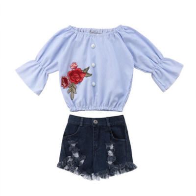 

Toddler Baby Girl Floral Off-shoulder TopsShort Pant Jeans Denim Clothes Set