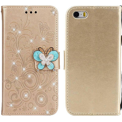 

MOONCASE Apple iPhone 55SSE Butterfly Rhinestone Embossed Leather Case - Gold