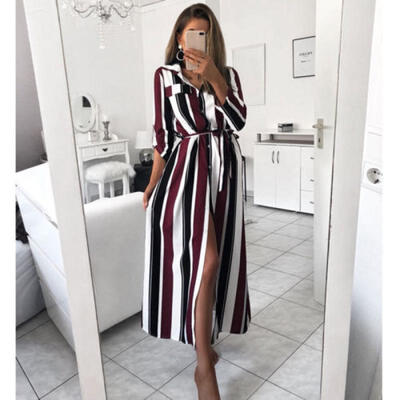 

Womens Button Rainbow Stripe Short Sleeve Boho Maxi Long Dress Loose Shirt Dress