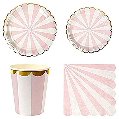 

UpperX Disposable Dinnerware Set - Serves 16 -Striped Party Supplies - Includes Dinner Plates Dessert Plates Napkins CupsPink
