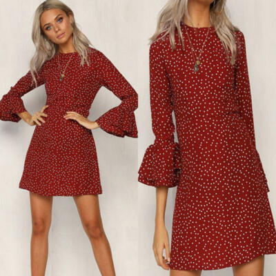 

Women Floral Midi Dress Dot Printed Dress Long Trumpet Sleeve Party Summer Beach