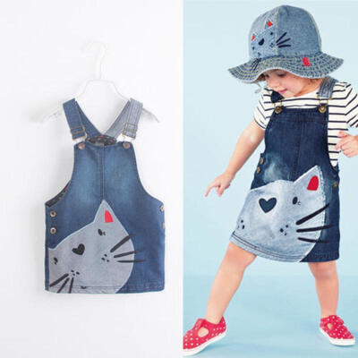 

USA Stock Cute Cat Baby Girls Toddler Denim Jeans Overalls Dress Skirt Clothes