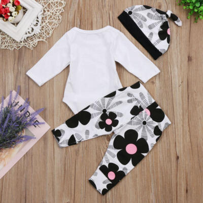

3PCS Newborn Baby Girls Tops Romper Pants Leggings Hat Outfits Clothes Set 0-18M