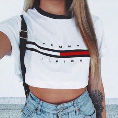 

Fashion Womens Short Sleeve Crop Top Shirt Casual Blouse Loose T-shirt Tops