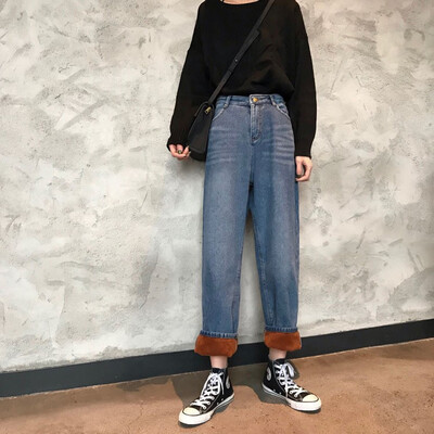 

2018 autumn&winter new Korean version high-waisted loose with fleece thickened straight tube wide-leg jeans women