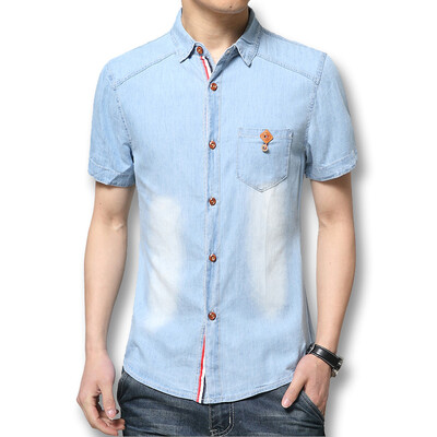 

Fashion Men Denim Shirts Men Casual Cotton Shirts 2016 New Summer Slim Fits Short Sleeves Shirts Hot Sale Men Blue Shirts 3XL