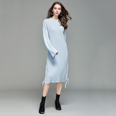 

PREISEI Autumn Winter Women Elegant Casual Loose Warm Solid O-Neck Long Sleeve Thick Mid-Calf Sweater Dress Vestido