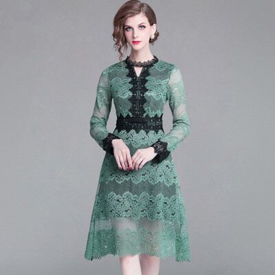 

Women 2018 Autumn Lace Dress High-End Ladies V-Neck stitching Runway Vintage Female Slim Sexy Party Dresses