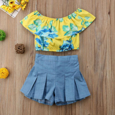 

2PCS Kids Baby Girl Floral Ruffled Tops T-shirtShorts Outfit Set Clothes 0-5Y