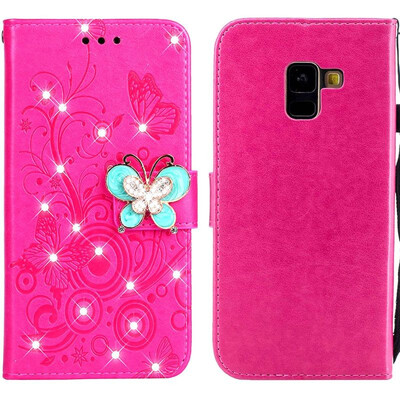 

MOONCASE Samsung Galaxy A8 2018 Butterfly Rhinestone Embossed Leather Case - Red
