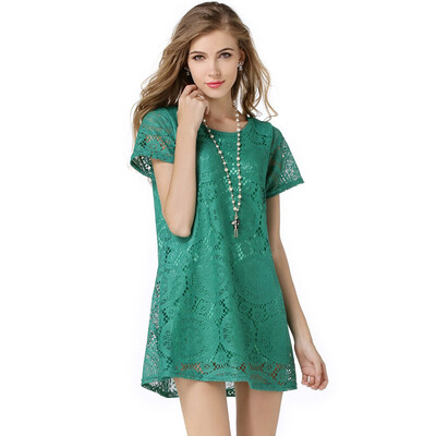 

Women Round Neck Short Sleeve Lace Slim Dress
