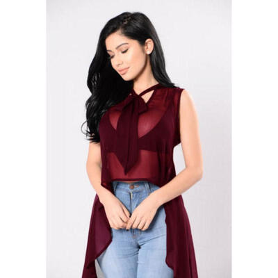 

Womens See through Bowknot Mesh Sheer Sleeveless Irregular Tops T Shirt Blouse