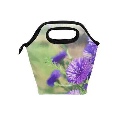 

Lunch Bag Purple Flower Tote Travel Picnic Insulated Handbags Portable Zipper Lunch Bag Box