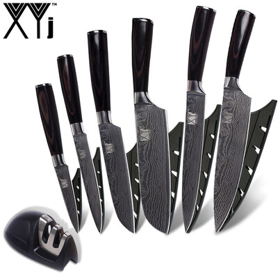 

XYj Imitation Damascus Pattern Stainless Steel Knife Color Wood Handle Kitchen Knife Mini Knife Sharpener