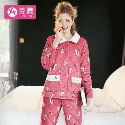 

Fen Teng 2018 autumn&winter new playful cat cardigan lapel thickening plus velvet quilted long-sleeved pajamas ladies home service ladies quilted pajamas F98950850 water red