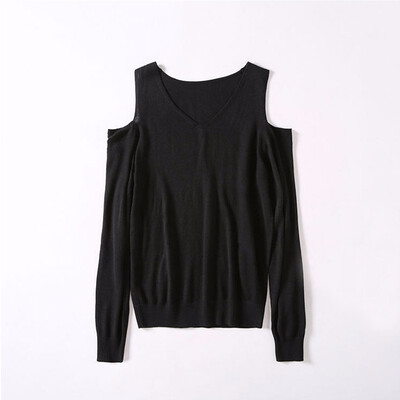 

High-end Wool Sweater Pullover V-neck Leaking Shoulder Long-sleeved Shirt