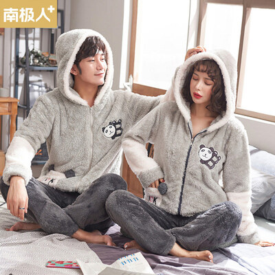 

Antarctic couple pajamas female winter coral fleece long sleeve thick flannel cartoon home service 00-0251A female models gray 1851 L code