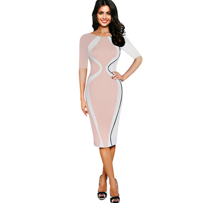 

Women\s Wear Five-Point Sleeve Stitching Stretch Fabric Fashion Dress
