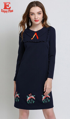 

L XL XXL 3XL 4XL 5XL plus size elegant new autumn 2018 women dress long sleeve big size navy straight animal embroidery OL midi