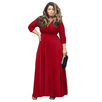 

New Fashion Women Dress Stretch Wrap V Neck Three Quarter Sleeve Maxi Plus Size Casual One-piece