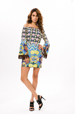 

Buenos Ninos Horizontal Neck Middle-skirt Tassel Beach Dress Printing