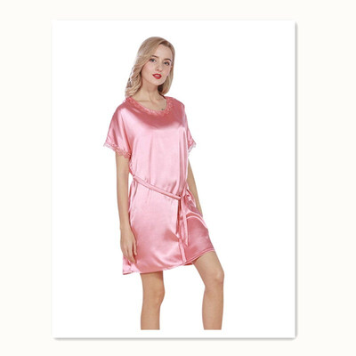 

Ladies pajamas silk round neck sexy silk short-sleeved nightdress