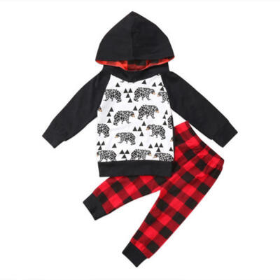 

2PCS Baby Boy Cartoon Sweatshirt Hooded TopChecked Pants Outfits Clothes Set