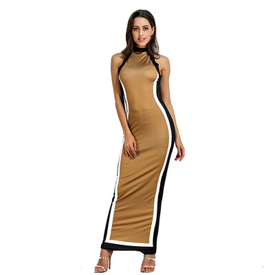 

PREISEI Summer Women Brown Elegant Patchwork Long Dresses O-Neck Sleeveless Commuting Straight Floor-Length Dress PR2617