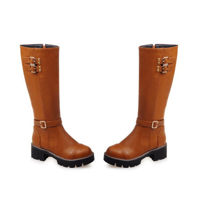 

IDIFU Womens Trendy Buckle Straps Round Toe Side Zipper Block Medium Heel Platform Under the Knee High Boots