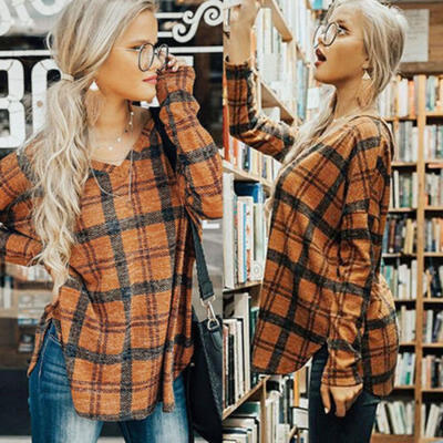 

Womens Long Sleeve Plaid Baggy Shirt Tops Summer Casual Loose T Shirt Blouse