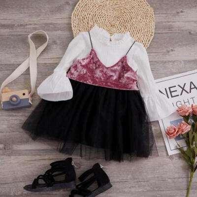 

Toddler Baby Girl Outfit T Shirt Tops Braces Skirt Party Wedding Princess Dress