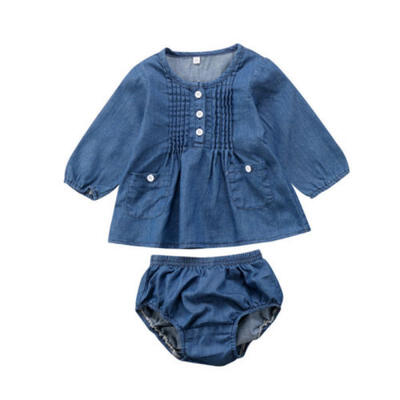 

2Pcs Infant Baby Girls Denim Long Sleeve Top Blouse Dress Shorts Outfits Clothes