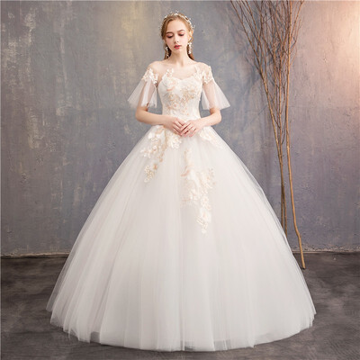 

2018 New Flare Sleeve Princess Colorful Wedding Dresses O-neck Classic Champagne Embroidery Bridal Dress