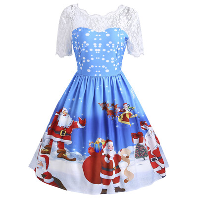 

Vintage Christmas Santa Claus Print Lace Insert Dress
