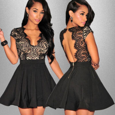 

Womens Lace Party Cocktail Mini Dress Ladies Summer Backless Skater Dresses
