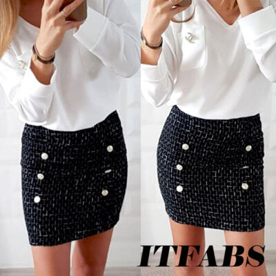 

Women Buttons High Waist Wool A-Line Mini Skirt Pencil Skirt Wrap Dress Clubwear