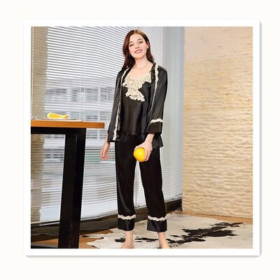 

Simulation silk pajamas ladies spring dress robes trousers three-piece suit home service STZ637
