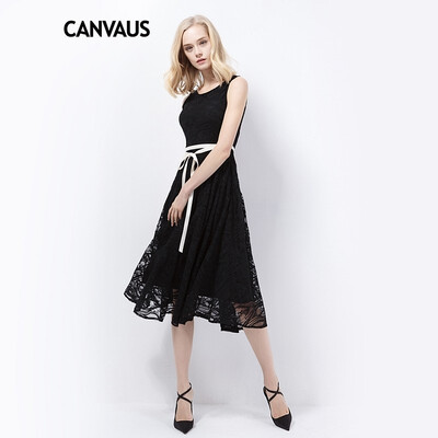 

CANVAUS 2018 Summer New Women Lace Dress Black Slim Sexy Casual Sashes Hollow O-neck Sleeveless A-line Dress
