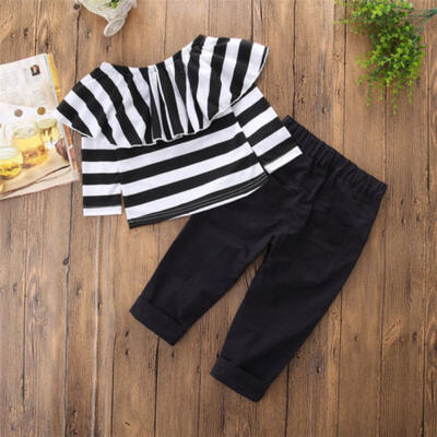 

Fashion Toddler Kids Girl Off Shoulder Striped Tops Flower Pants Clothes Outfits