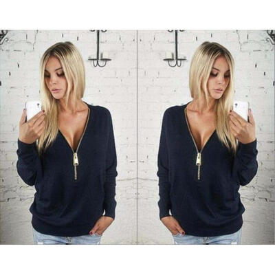 

UK Womens Jumpers Pullover Tops Blouse Ladies V-Neck Long Sleeve Hoodie Zip Up