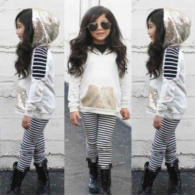 

UK Toddler Kids Baby Girl Outfit Set Clothes Sequin T Shirt Top Striped Pants
