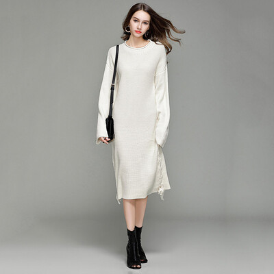 

PREISEI Autumn Winter Women Elegant Casual Loose Warm Solid O-Neck Long Sleeve Thick Mid-Calf Sweater Dress Vestido