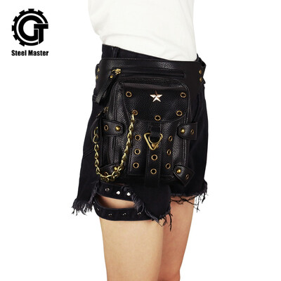 

steel master Steampunk Small Waist Bag Retro Black PU Leather Motorcycle Leg Bag Women Gothic Rivet Shoulder Metal Chain Bags