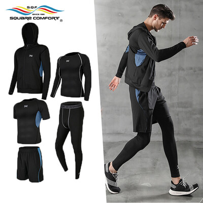 

Star plus square exercise suit sports suit mens sportswear tights fitness suit basketball quick-drying running training suit PJ502 five-piece set blue