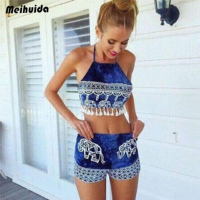 

US 2pcs Beach Casual Women Outfits Floral Crop Tops High Waist Lace Trim Shorts