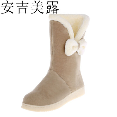 

安吉美露秋冬新款中低跟平底雪地靴短靴蝴蝶结毛毛中筒女靴大小码学生靴33-40