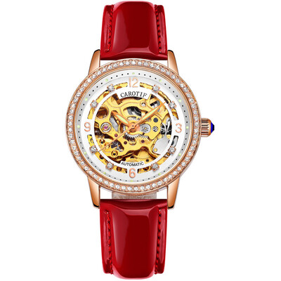 

Fashion Elegant Women Mechanical Wrist Watches Leather Watchband Automatic Clock Crystal Decoration Skeleton Dial